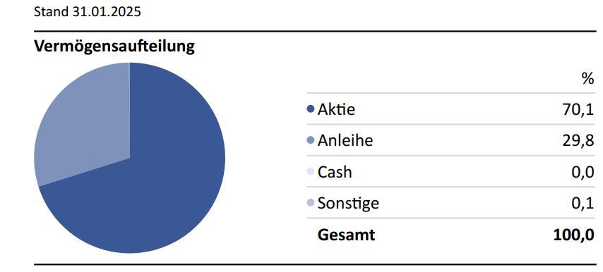 Hier ist die Vermögensaufteilung in einem Tortendiagrammen des Globale Index Strategie 70 zu sehen