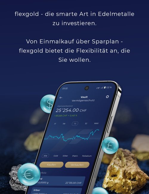 flexgold-App auf einem Smartphone mit Gold- und Silberportfolio, CHF-Anzeige und Währungssymbolen – Berlin